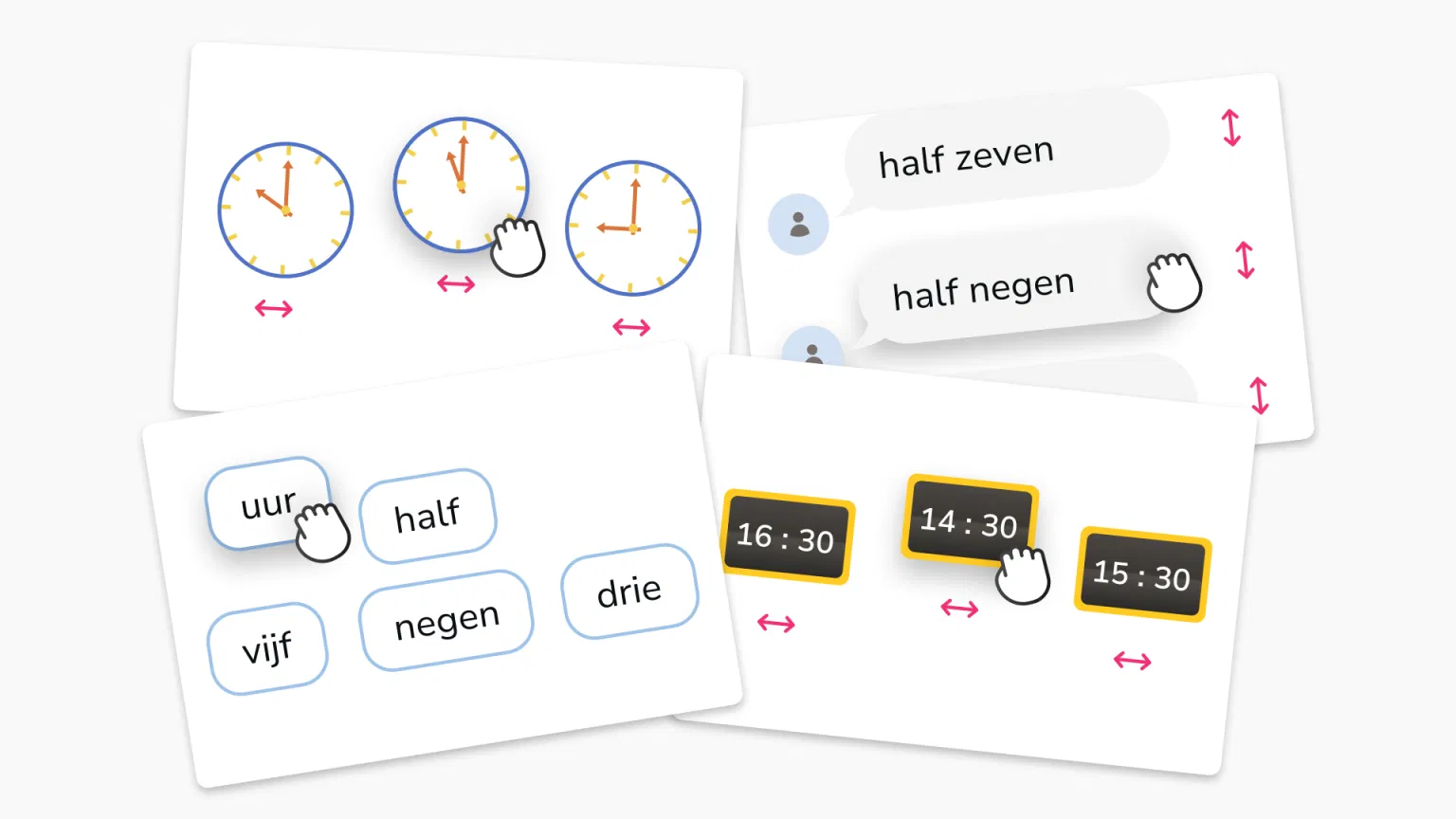 Verschillende kaartjes met afbeeldingen van nieuwe klokkijk oefeningen